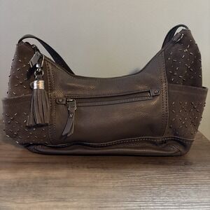 THE SAK Grey Pebbled Studded Tassel Leather Zip Hobo Shoulder Bag Y2K